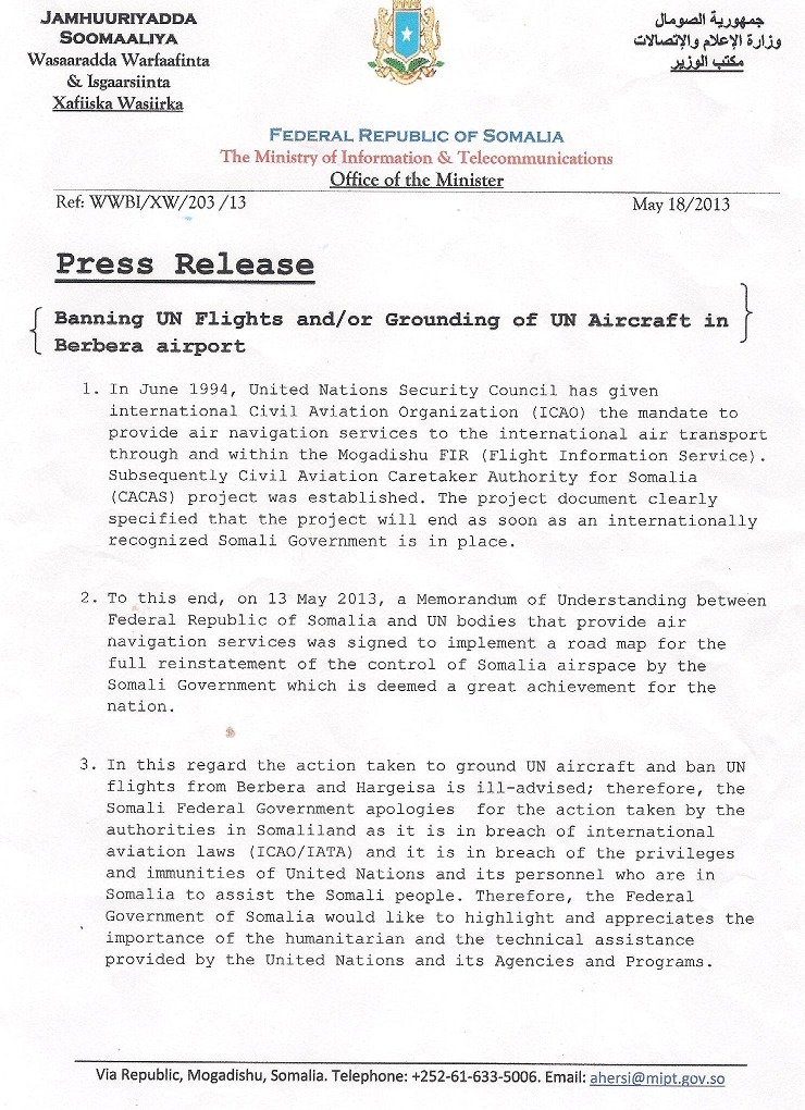 Banning UN Flights and/or Grounding of UN Aircraft in Berbera airport - Presss release from Somali government